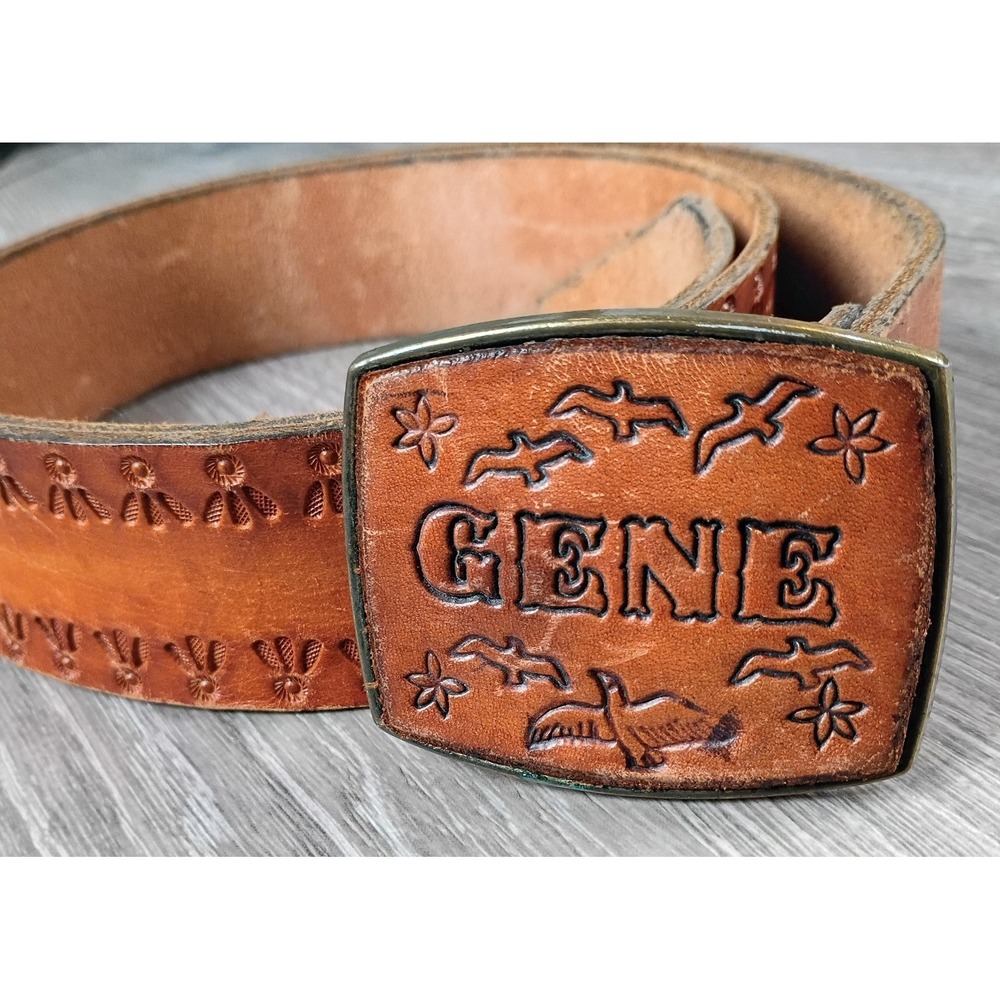 Brown Western Leather Belt Engraved Gene Buckle Adjustable Bird Cowgirl Cowboy